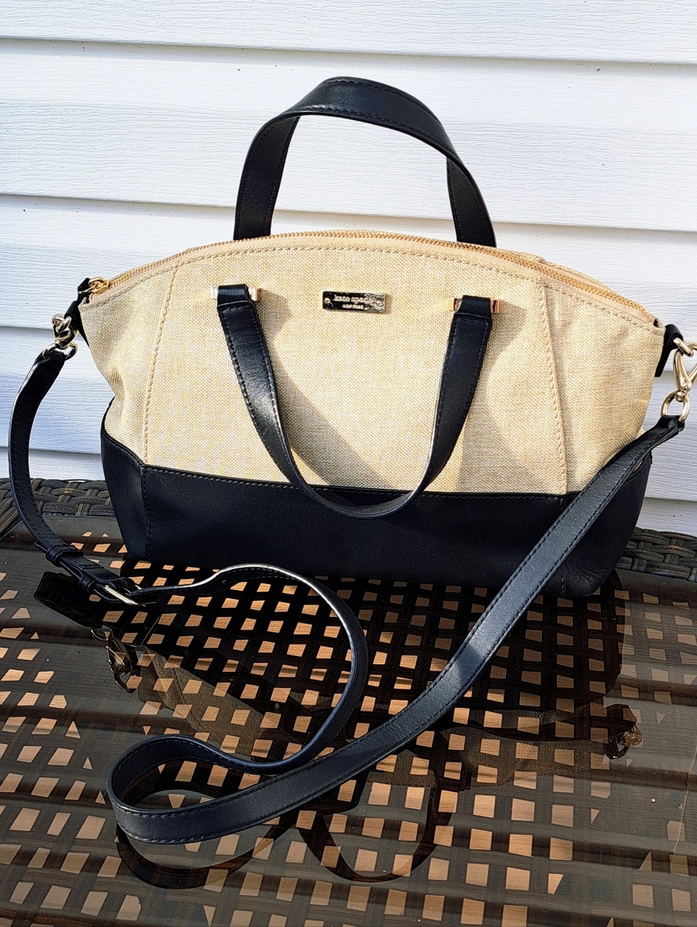Kate Spade Canvas and Leather Satchel Handbag - Black and Beige